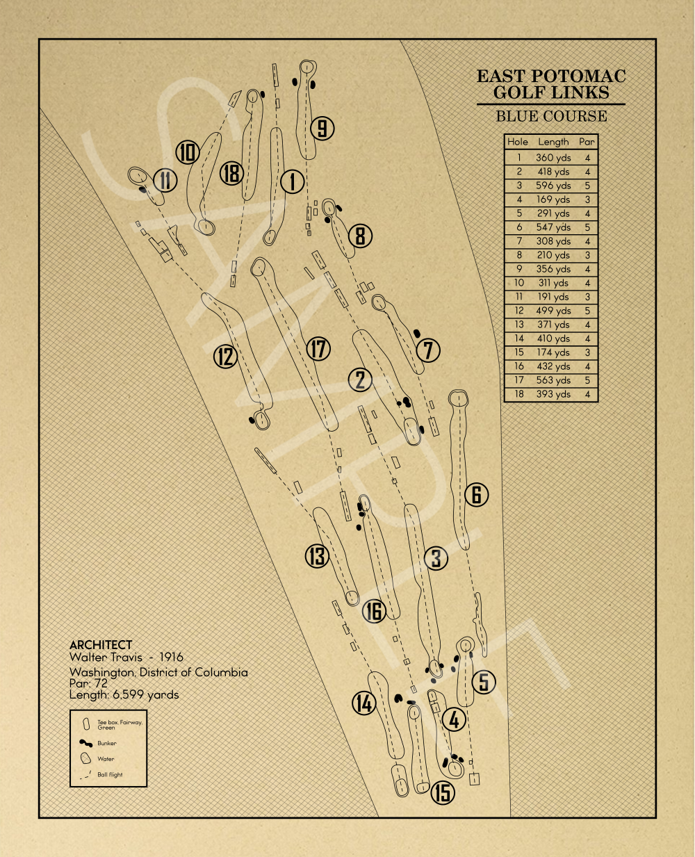 Blue Course East Potomac Golf Links Blue Course Outline (Print) – GolfBlueprints