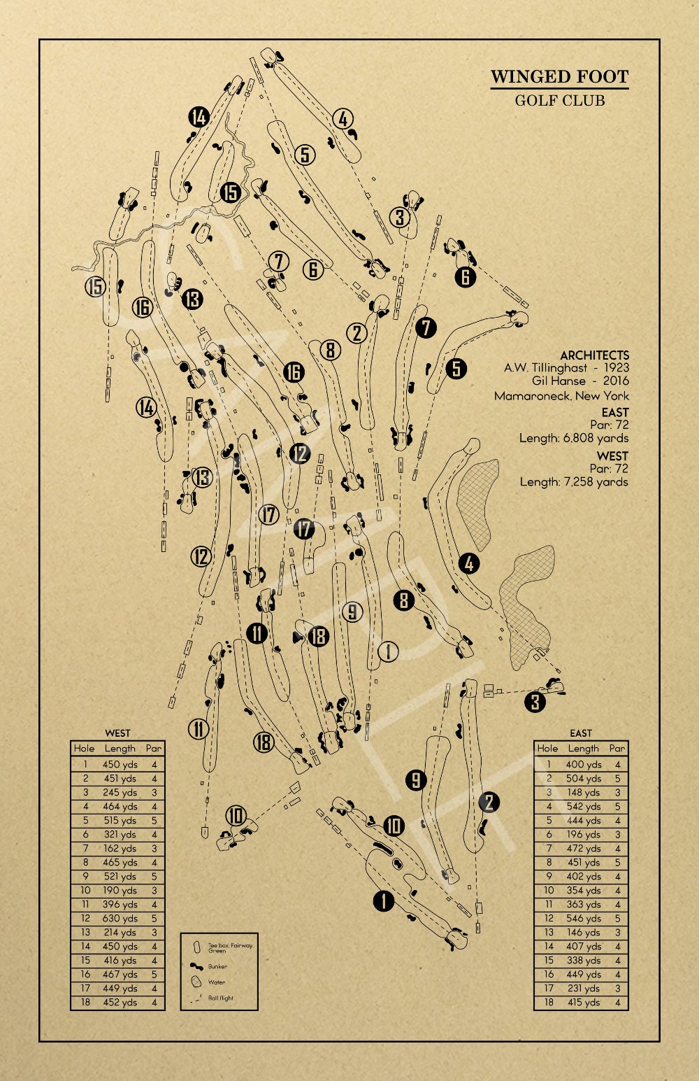 Winged Foot Course Map Winged Foot East and West Courses Outline (Print) – GolfBlueprints
