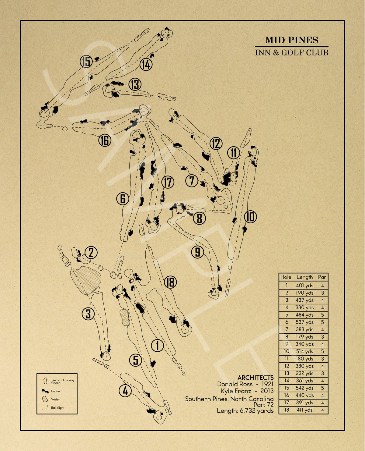 Mid Pines Course Map Mid Pines Inn & Golf Club Outline (Print) – GolfBlueprints